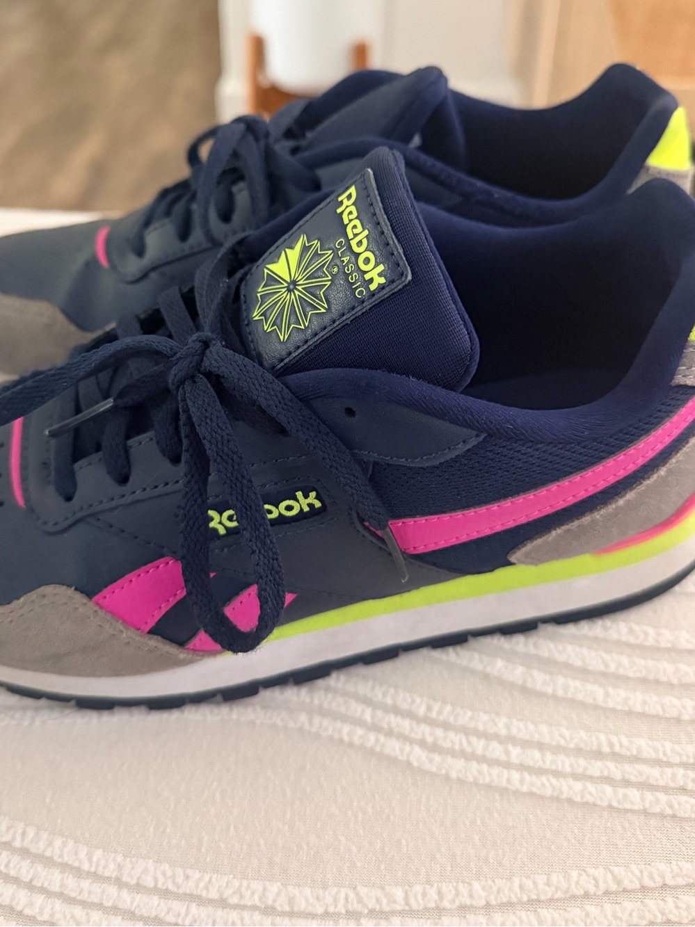 Reebok Ladies Navy Pink Neon Yellow Retro Runner Sneakers